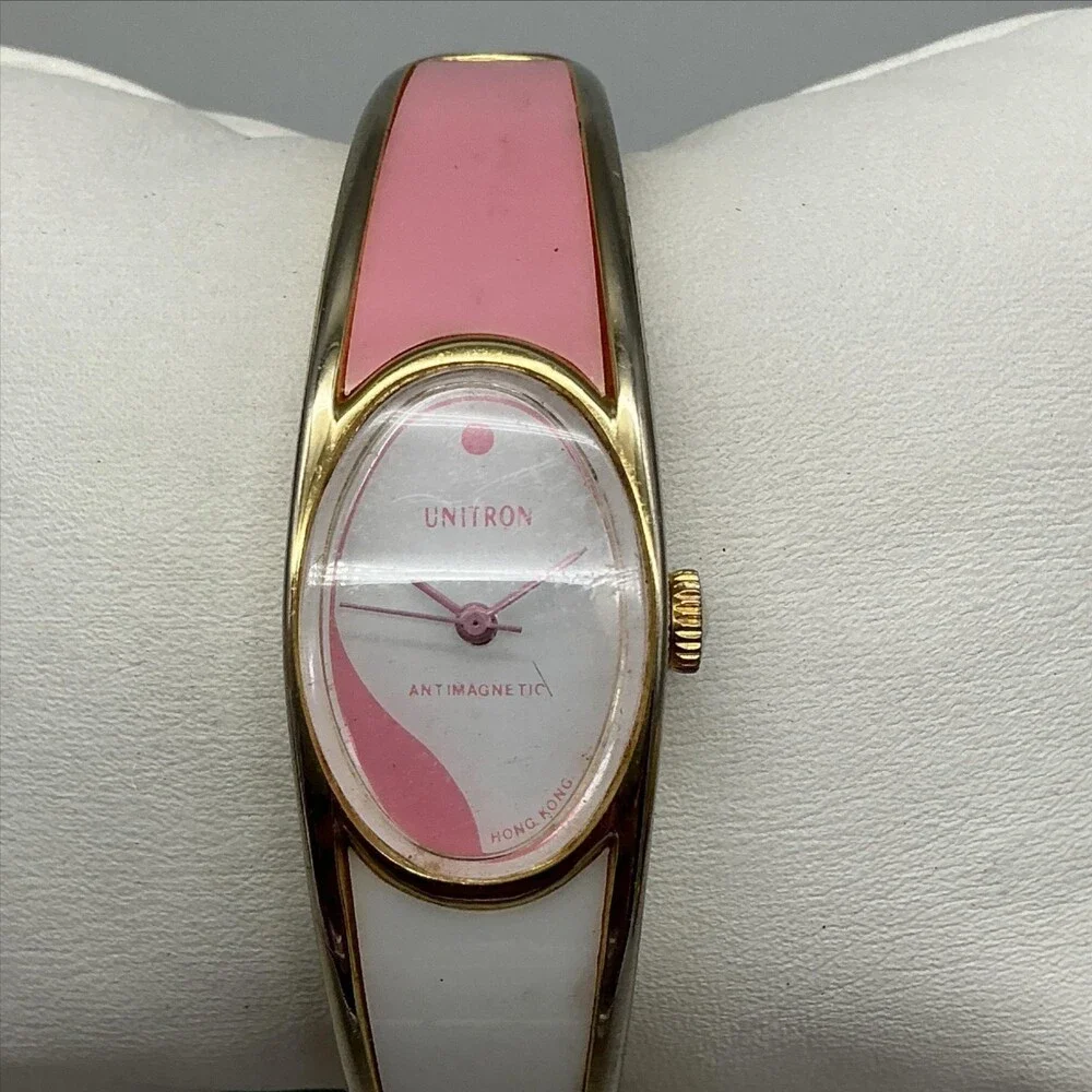 Vintage Unitron Womens Watch 18mm Pink White Dial Bangle Manual Wind 6.5